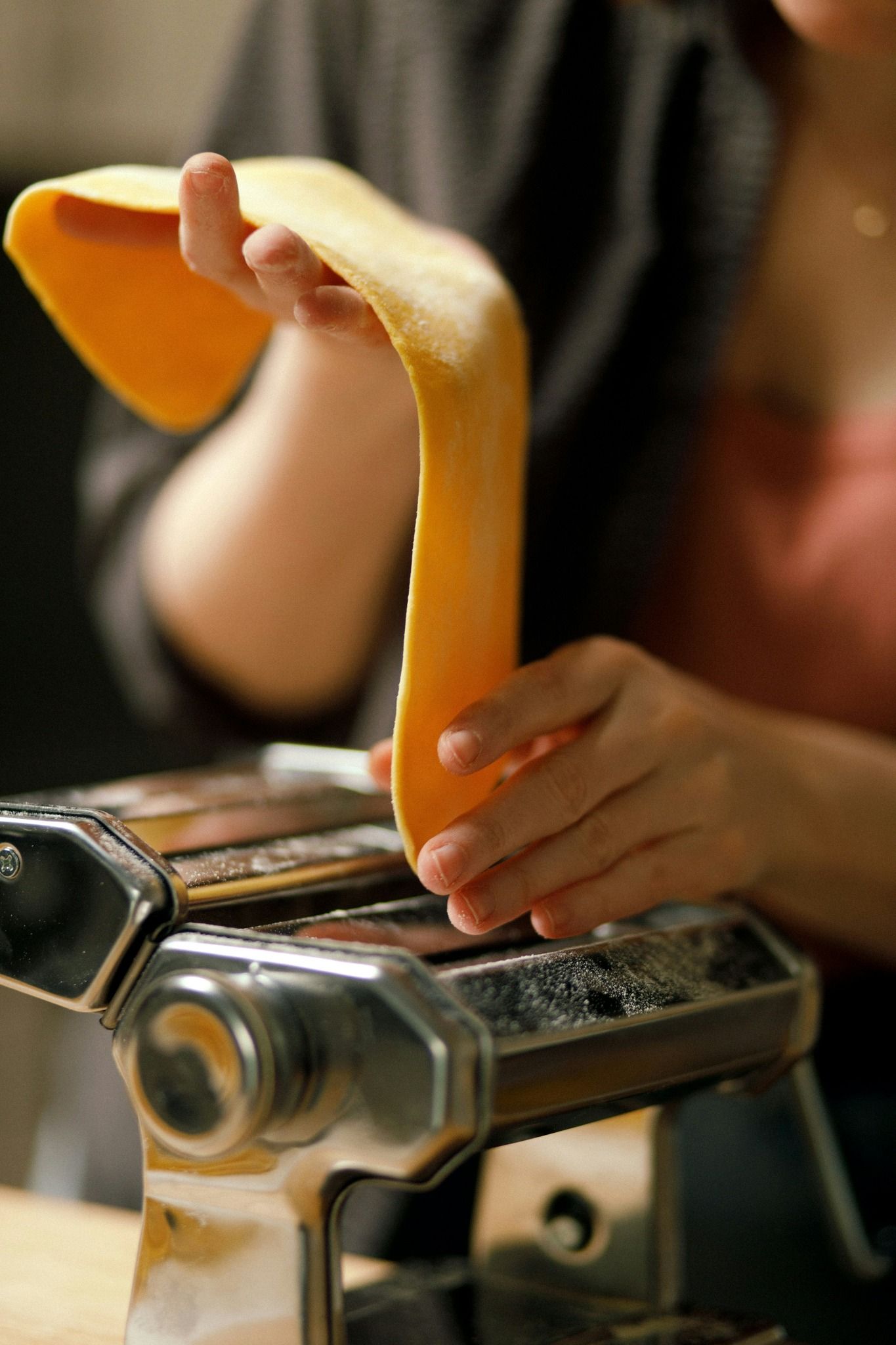 Pasta sheet rolled by hand through the pasta machine